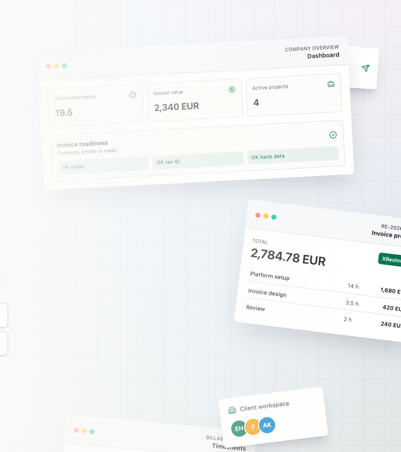 Fakturano product preview showing dashboard, invoice preview, timesheets, and client workspace cards