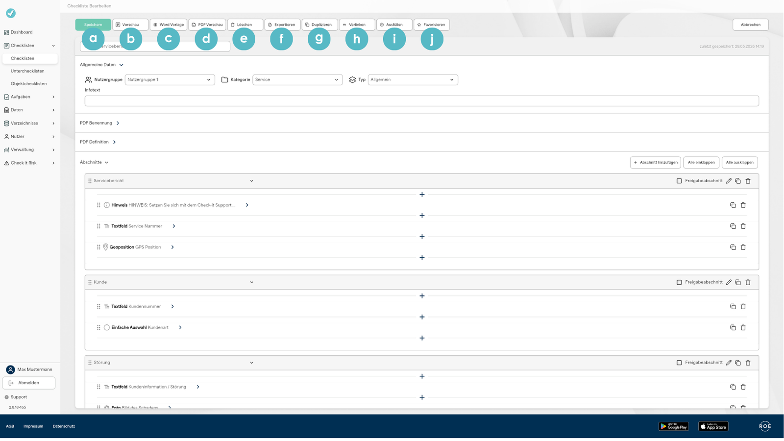 Check-it Online checklist editor with reusable sections, field types, preview, export, duplicate, and fill actions
