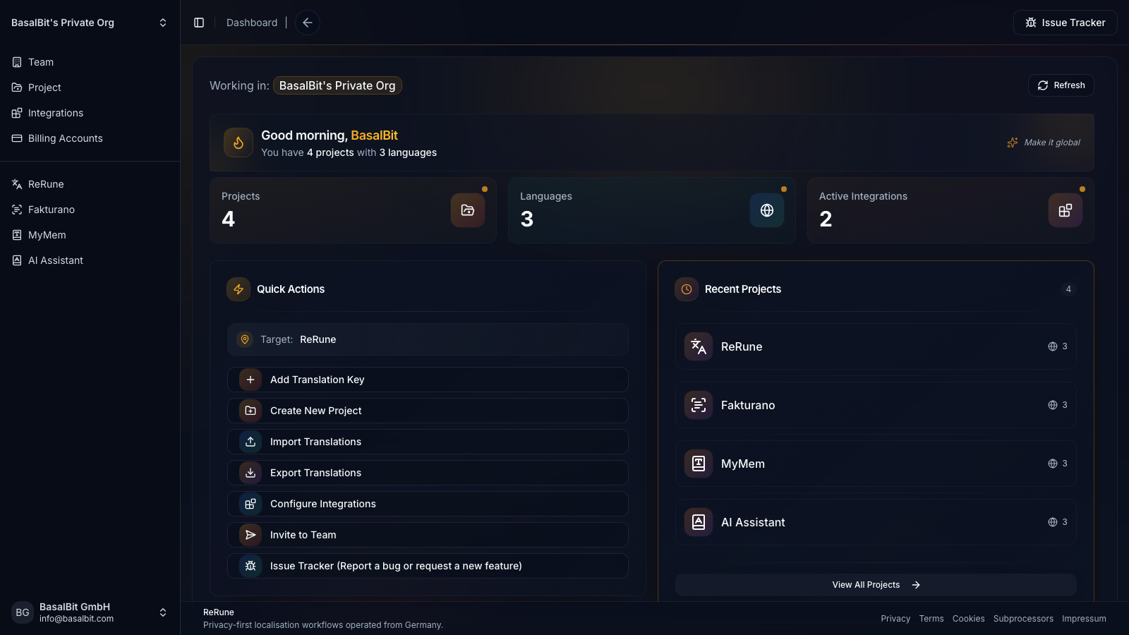 ReRune dashboard showing localization workspace activity and project status