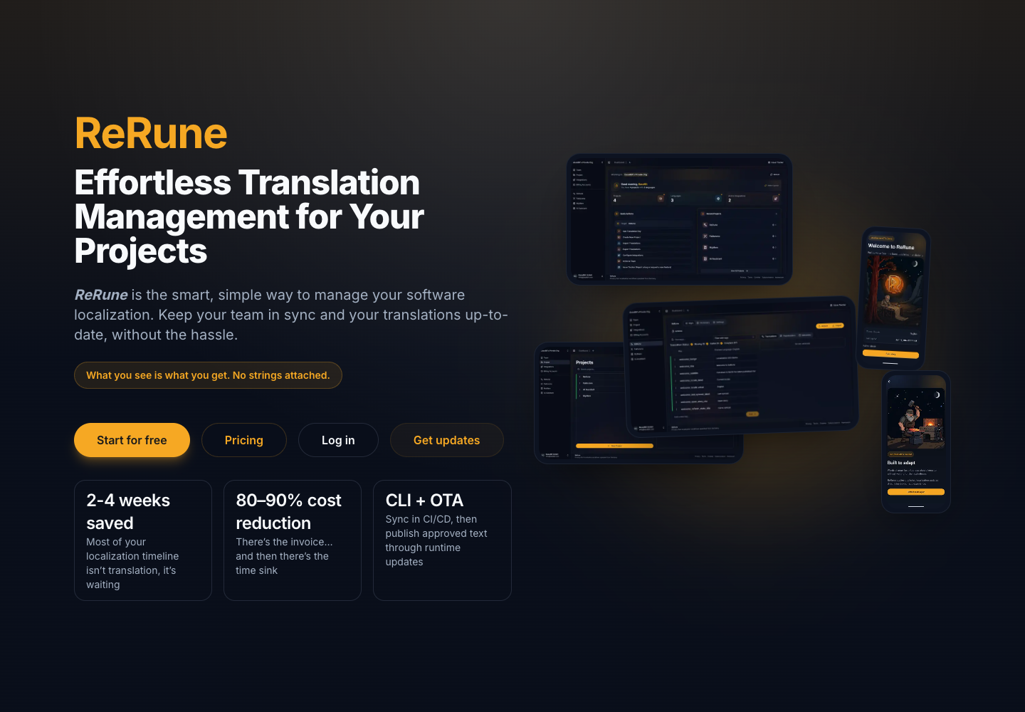 ReRune landing page showing translation management positioning, product screenshots, and localization savings claims