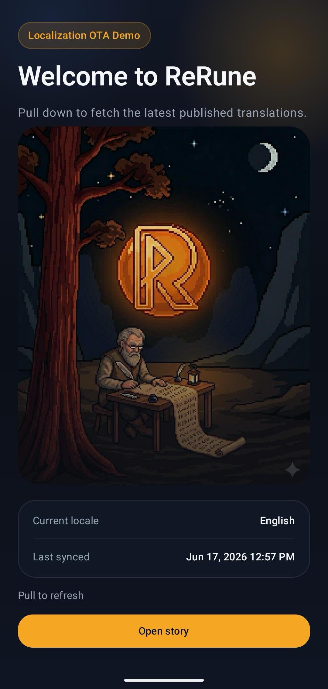ReRune OTA demo mobile app landing screen with live localization status