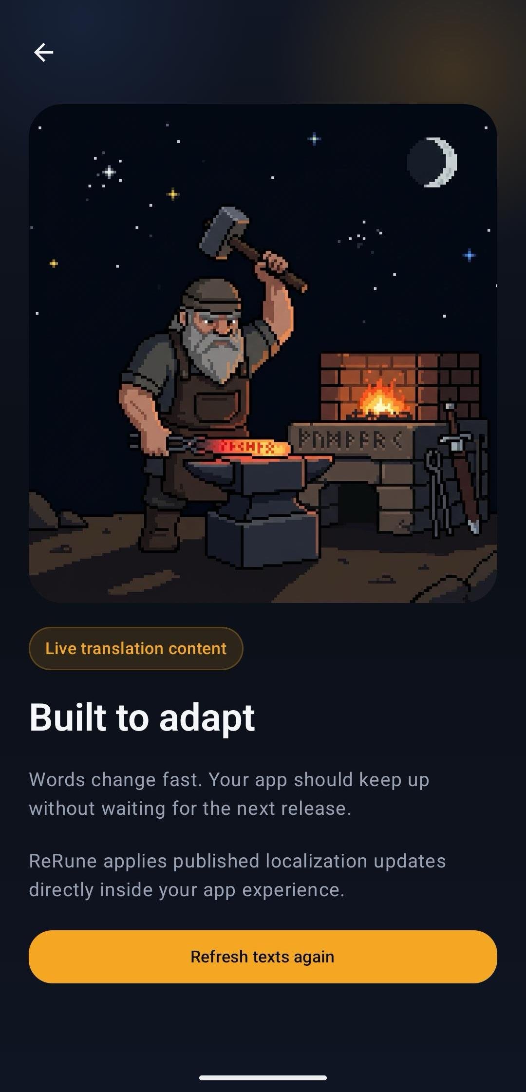 ReRune OTA demo mobile app story screen showing runtime translation content