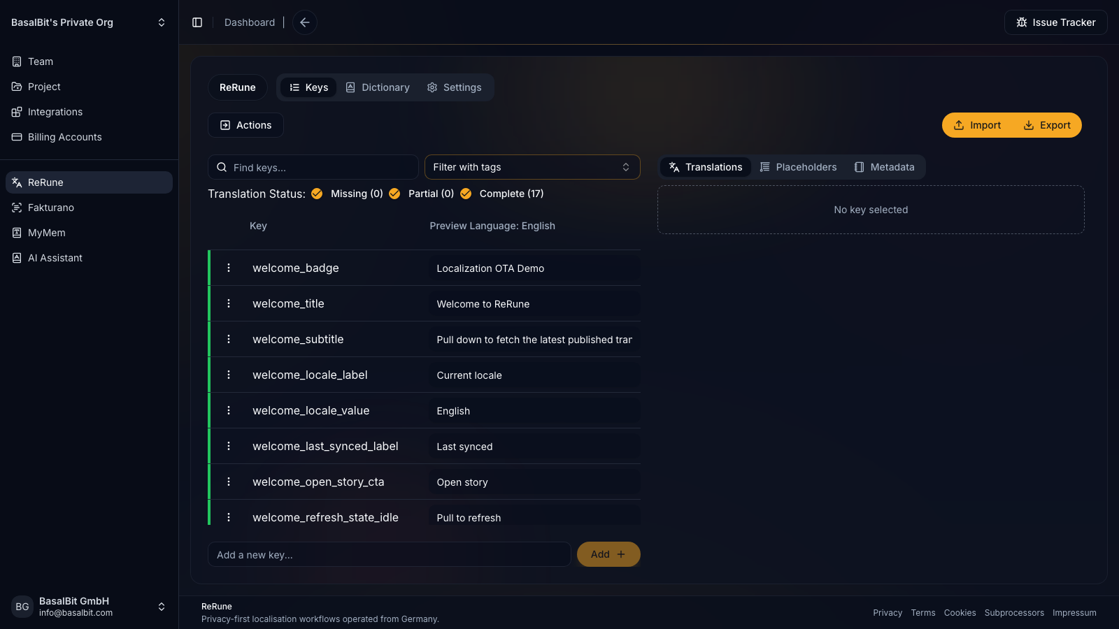 ReRune project keys view for managing software translation keys