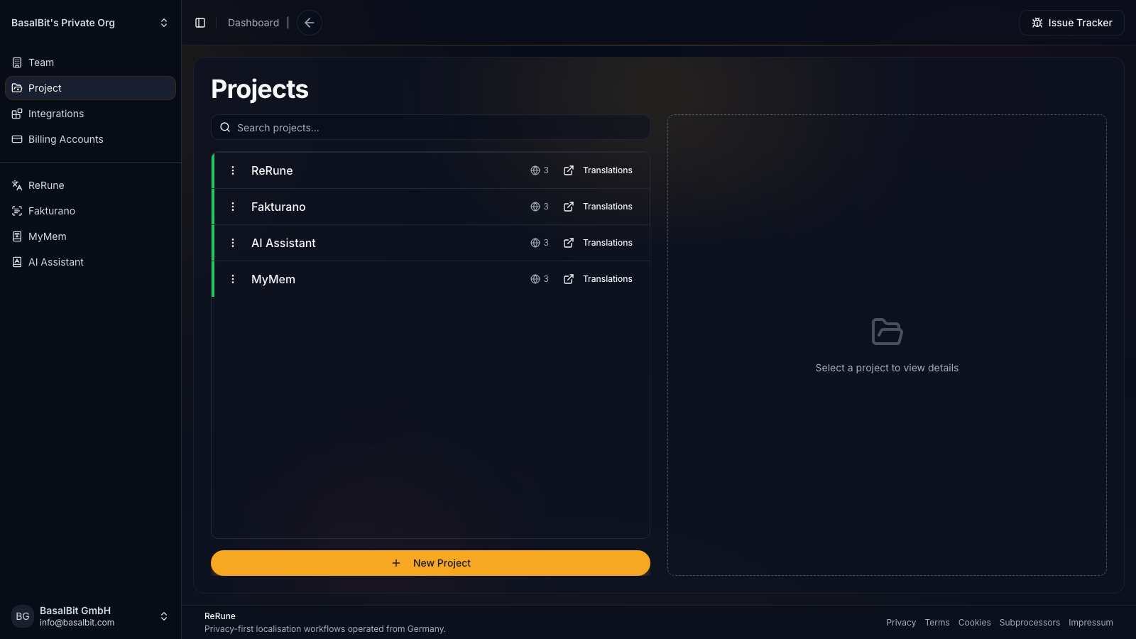 ReRune projects list showing localization projects in a workspace